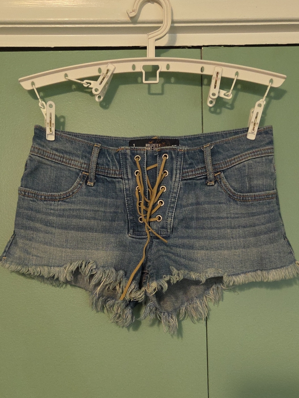 Hollister Light Blue Lace-Up Frayed Denim Shorts Size 25